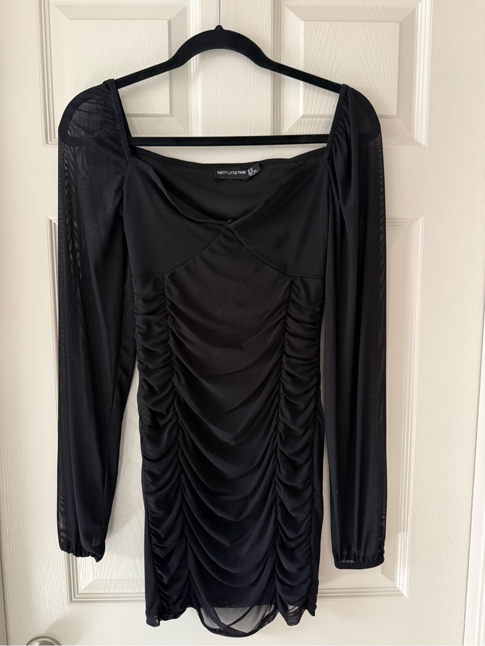 PrettyLittleThing Black Long Sleeve Ruched Mini Dress with Sheer Sleeves